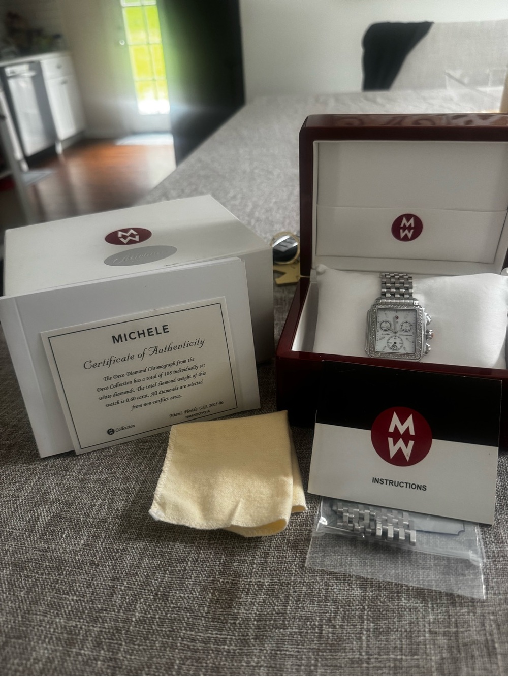 Michele Silver Stainless Steel Diamond-Accent Square Chronograph Watch